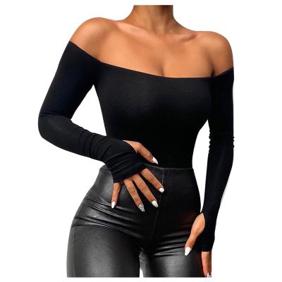 Tops for Women Casual Summer Long Sleeve Off The Shoulder Cut Out Halter Sexy Fashion Going Out Tops Dater Night Tshirts Trendy Dressy Blouses Casual 2024 Spring Oversized Clothes Outfits Black S