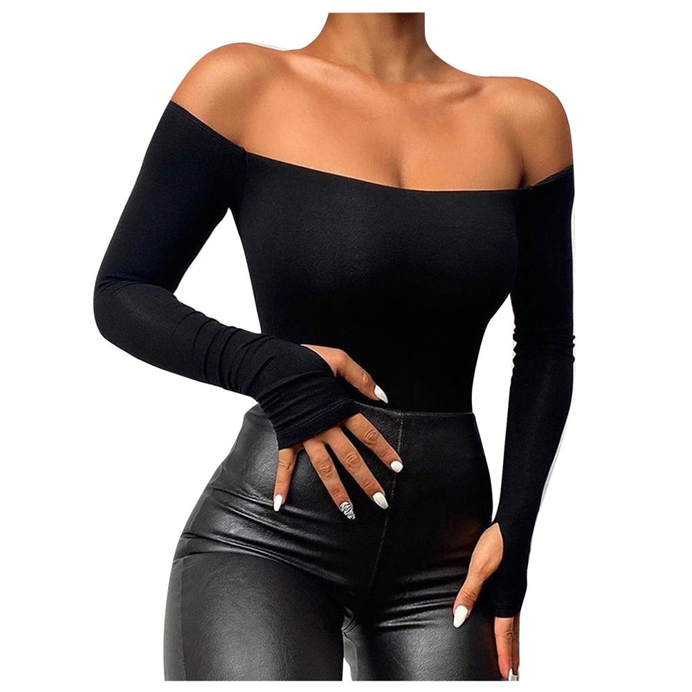 Tops for Women Casual Summer Long Sleeve Off The Shoulder Cut Out Halter Sexy Fashion Going Out Tops Dater Night Tshirts Trendy Dressy Blouses Casual 2024 Spring Oversized Clothes Outfits Black S