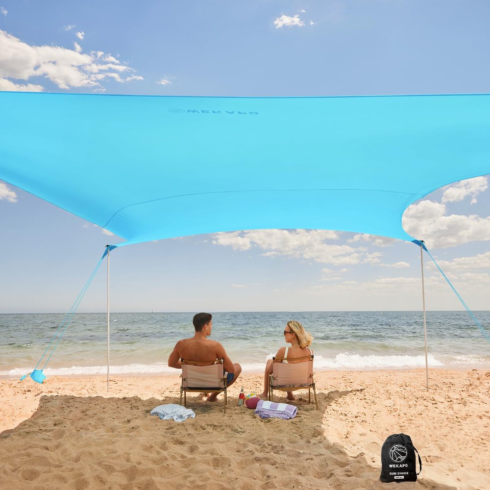 WEKAPO Beach Tent Sun Shelter - Easy Setup Beach Canopy with 4 Sturdy Poles, Large Sandbags and Shovel, 7'8'' Tall, Windproof Sun Shade for Backyard and Camping, UPF 50+ Protection