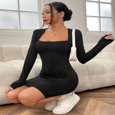 2022 Women's Dresses Square Neck Bolero Detail Bodycon Dress Women's Dresses (Color : Black, Size : Medium)