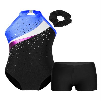 JEATHA Girls Ballet Dance Outfits 3PCS Shiny Rhinestone Sleeveless Gymnastics Leotard with Athletic Shorts Set Black&Royal Blue 12 Years