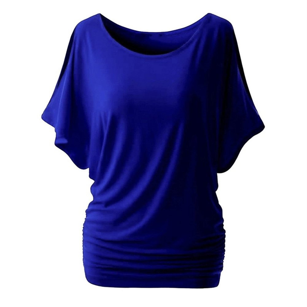 Womens T-Shirts with Side Shirring Batwing Sleeve Crewneck Draped Summer Tops Solid Color Loose Casual Blouses (Dark Blue,X-Large)