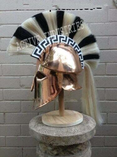 ACTIVE INDUSTRIES Greek Corinthian Helmet With White And Black Plume Adult Helmet Medieval Armor Greek Hoplite Helmet 18 Gauuge Steel With Wooden Stand