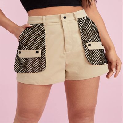 AMDMG Shorts for Women Shorts Women's Shorts Flap Detail Fishing Net Pocket Shorts Shorts (Color : Khaki, Size : X-Small)