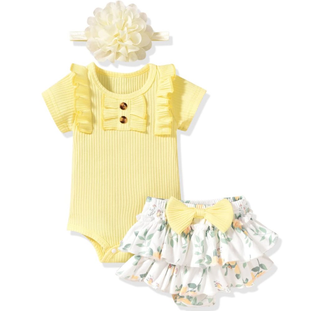 Aalizzwell 0-3 Months Infant Baby Girls Summer Clothes Ribbed Short Sleeve Ruffle Bloomer Shorts Spring Outfit Yellow