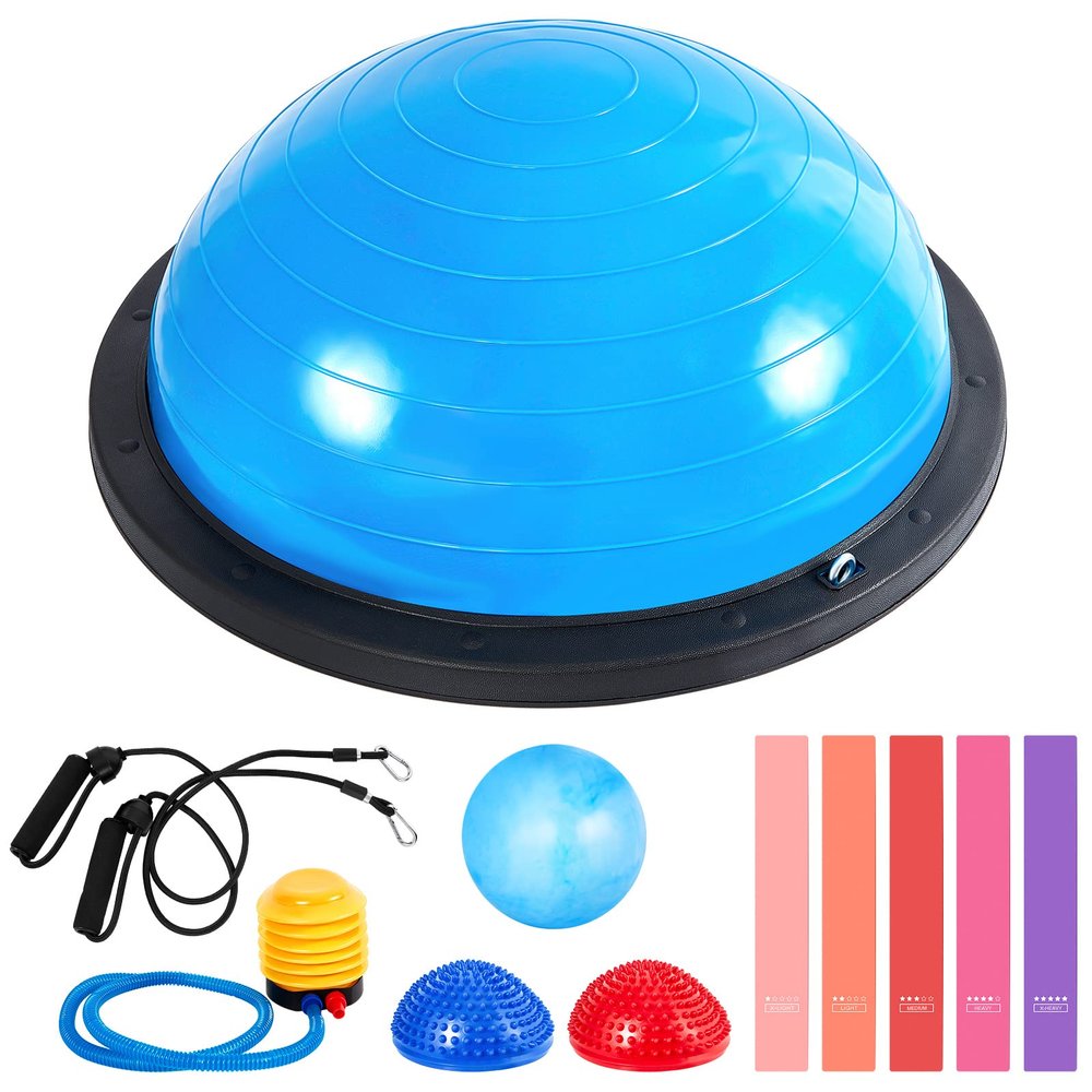 Honoson Half Ball Trainer Yoga Ball with Resistant Band Foot Pump Set, Half Exercise with Fitness Elastic Belt Hedgehog Balance Pods for Core Stability Full Body Workout Gym(Blue,23.2 Inch)