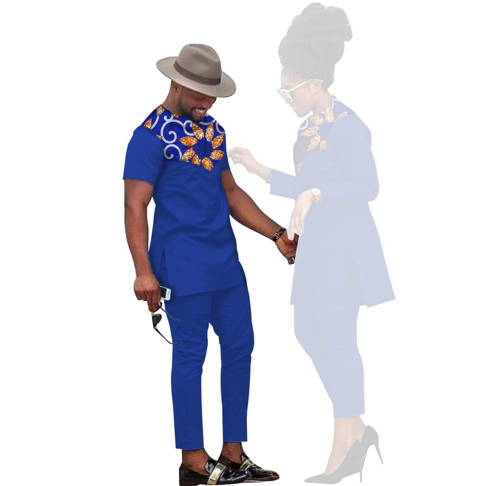 African Couple's Clothing Women's Ankara Print Top and Pants Set Party Banquet Couple's Clothing Men's Top and Pants Set with Men751 1 XXL
