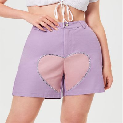 AMDMG Shorts for Women Shorts Women's Shorts Rhinestone Detail Heart Print Shorts Shorts (Color : Lilac Purple, Size : Large)