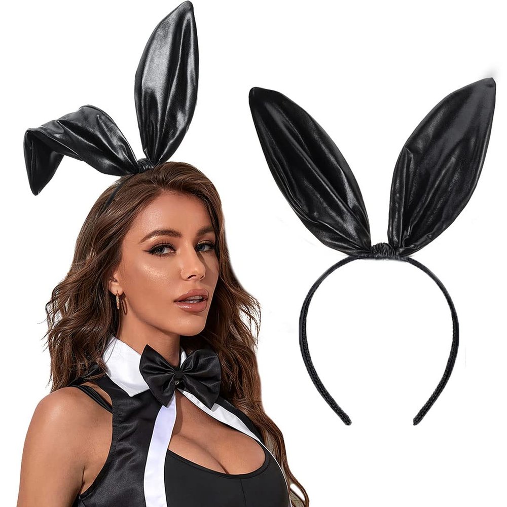Aceorna Black Bunny Ears Headbands Cool Leather Hairbands Knotted Rabbit Ears Hair Hoop Party Cosplay Decoration Headdress Costume Headwear for Masquerade,Nightclubs,Carnival