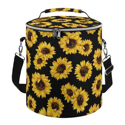 Insulated Leakproof Beach Cooler Bag, Sunflower Floral Yellow Black Portable Waterproof Lunch Bag with Adjustable/Removable Strap and Double Zipper Closure for Outdoor Camping and Picnic