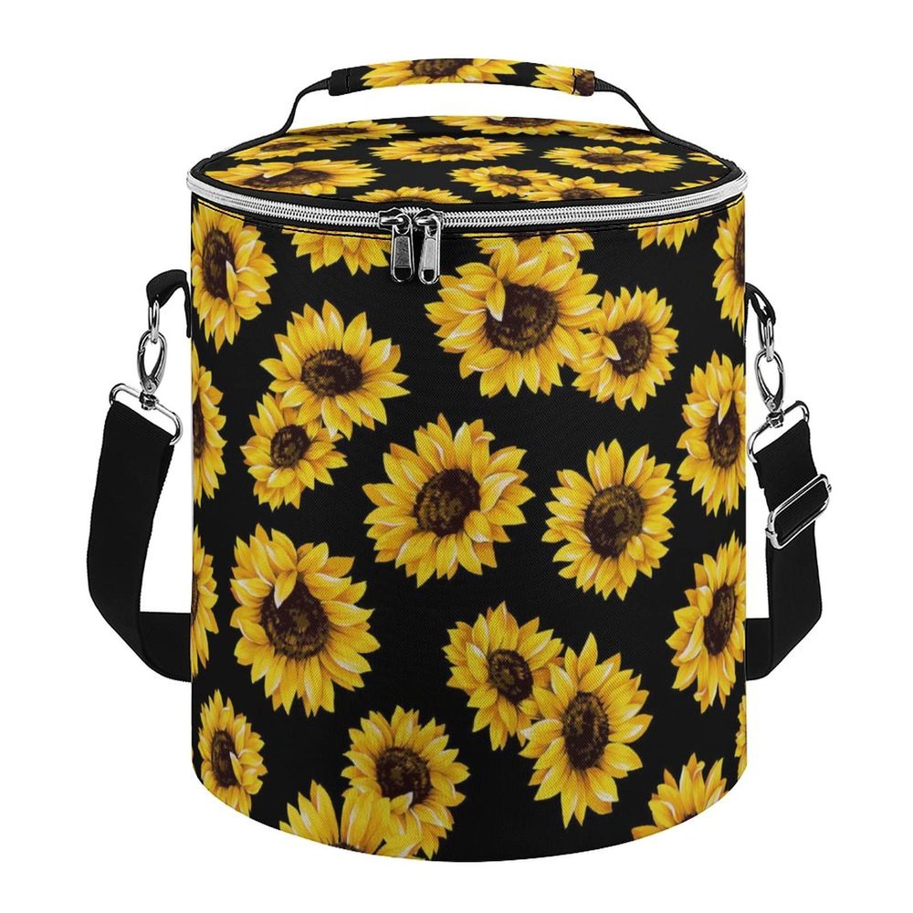 Insulated Leakproof Beach Cooler Bag, Sunflower Floral Yellow Black Portable Waterproof Lunch Bag with Adjustable/Removable Strap and Double Zipper Closure for Outdoor Camping and Picnic