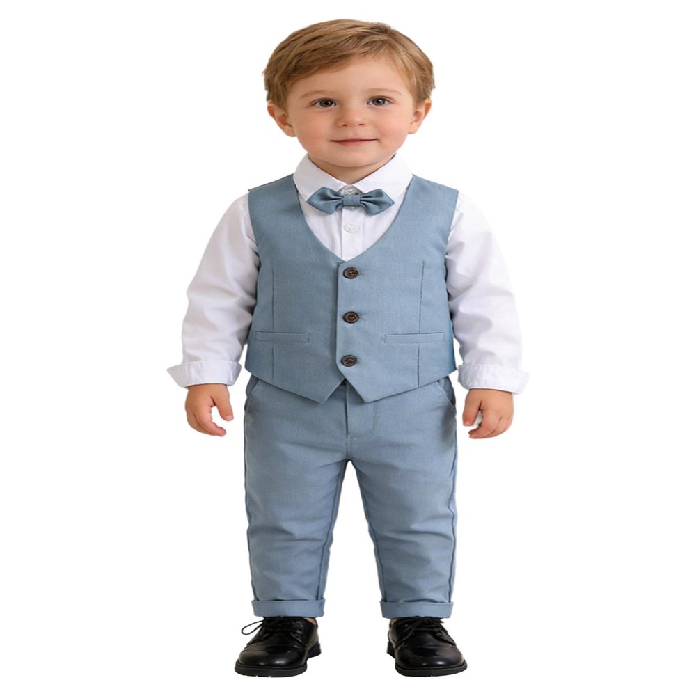 Hularka Baby Boys Clothes Toddler Gentleman Outfit Formal Suit Bowtie Dress Shirt + Vest + Pants 4 Pieces Set Y Light Blue 18-24 Months