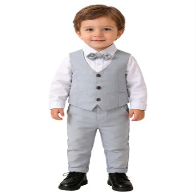 Hularka Baby Boys Clothes Toddler Gentleman Outfit Formal Suit Bowtie Dress Shirt + Vest + Pants 4 Pieces Set Y Grey 18-24 Months