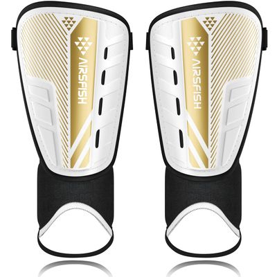 Upgraded Soccer Shin Guards for Kids Youth Adults, CE Certified AirsFish Shin Guard Sleeves Protection Gear for Boys Girls Soccer Games EVA Cushion Reduce Shocks and Injuries (Small, White+Gold)