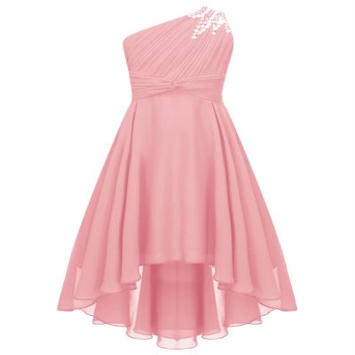 Duoremi Kids Girls One-Shoulder Flower Dress High Low Hem Ball Gown Wedding Evening Dresses 01 Pink 12 Years