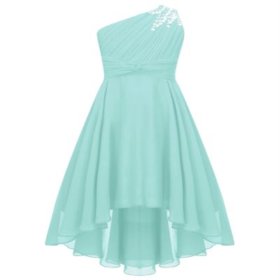 Duoremi Kids Girls One-Shoulder Flower Dress High Low Hem Ball Gown Wedding Evening Dresses 01 Mint Green 16 Years