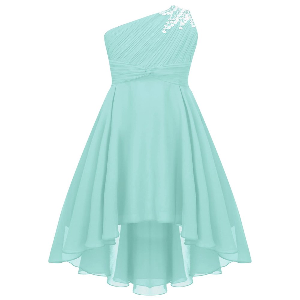 Duoremi Kids Girls One-Shoulder Flower Dress High Low Hem Ball Gown Wedding Evening Dresses 01 Mint Green 16 Years
