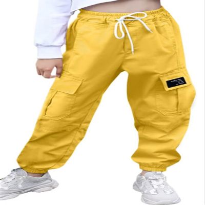 AOWKULAE Big Girl's Cargo Pants, Tapered Joggers Drawstring Elastic Waist Pants with Pockets for Girl, S-Yellow, Size US 11-12 Years