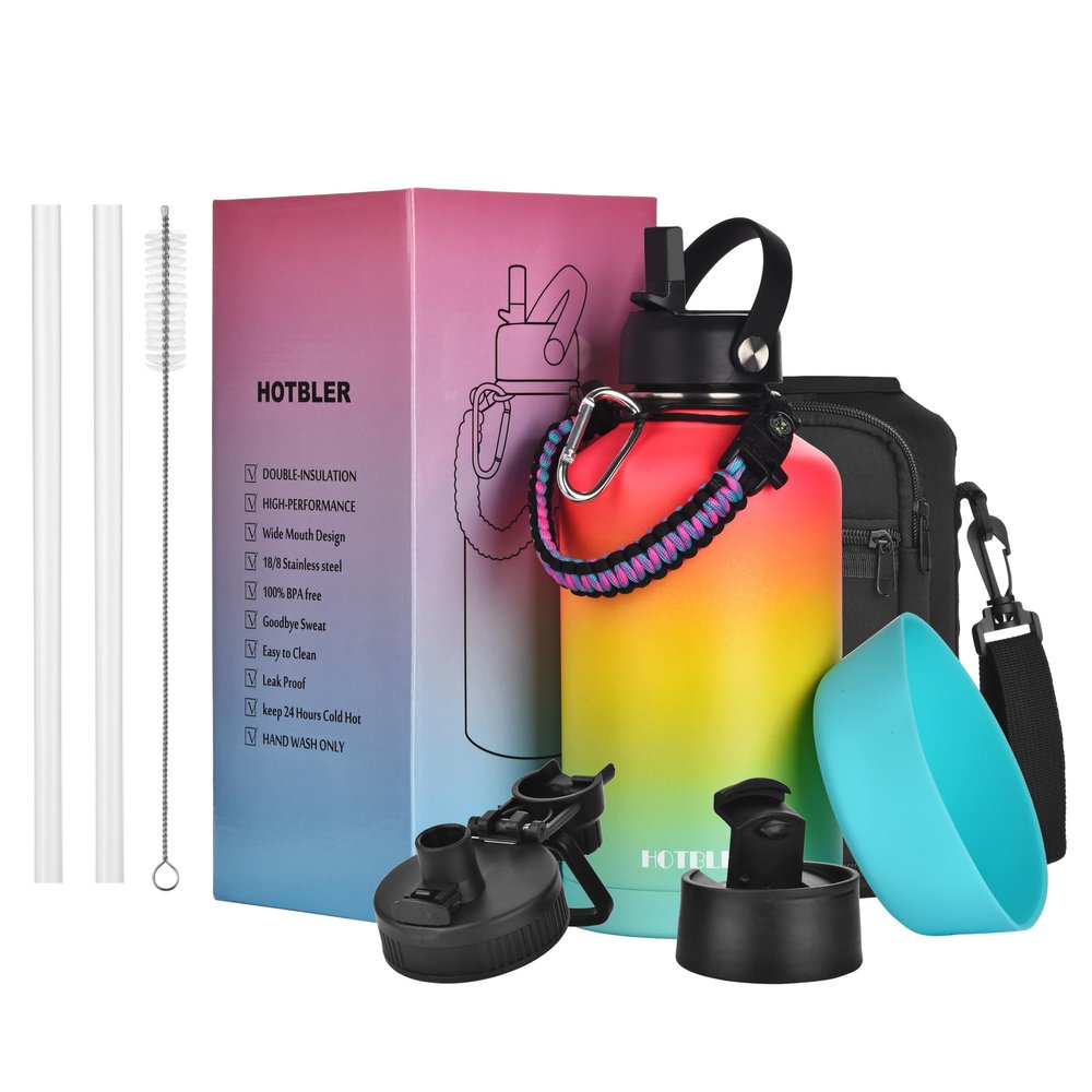 64oz Water Bottle with Paracord Handle &Carrier Bag &Silicone Boot,Straw Spout Flip Lids,Half Gallon Double Wall Vacuum Stainless Steel Insulated Jug with Sleeve,Leakproof Keep Cold & Hot
