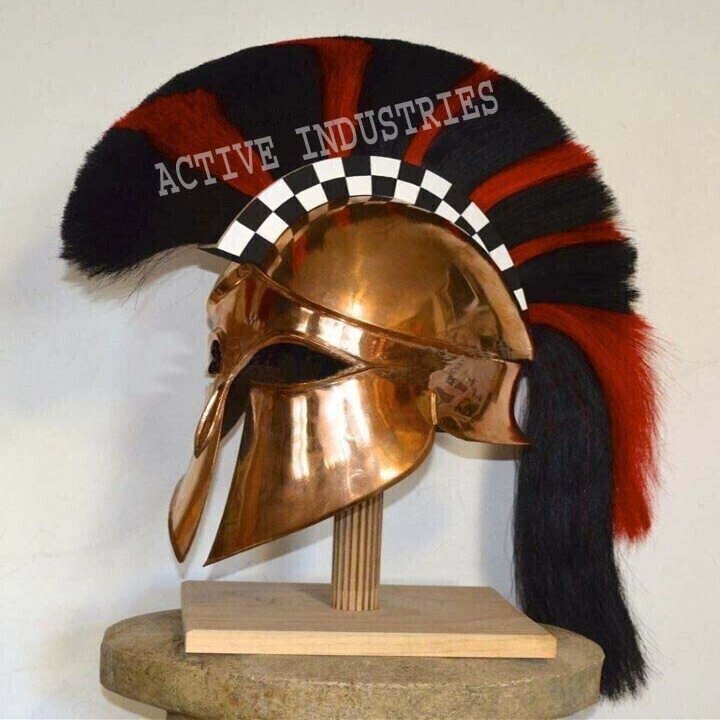 ACTIVE INDUSTRIES Greek Corinthian Helmet With Plume Armor Spartan Armour Larp Halloween 18 Gauge Steel Helmet With Wooden Stand