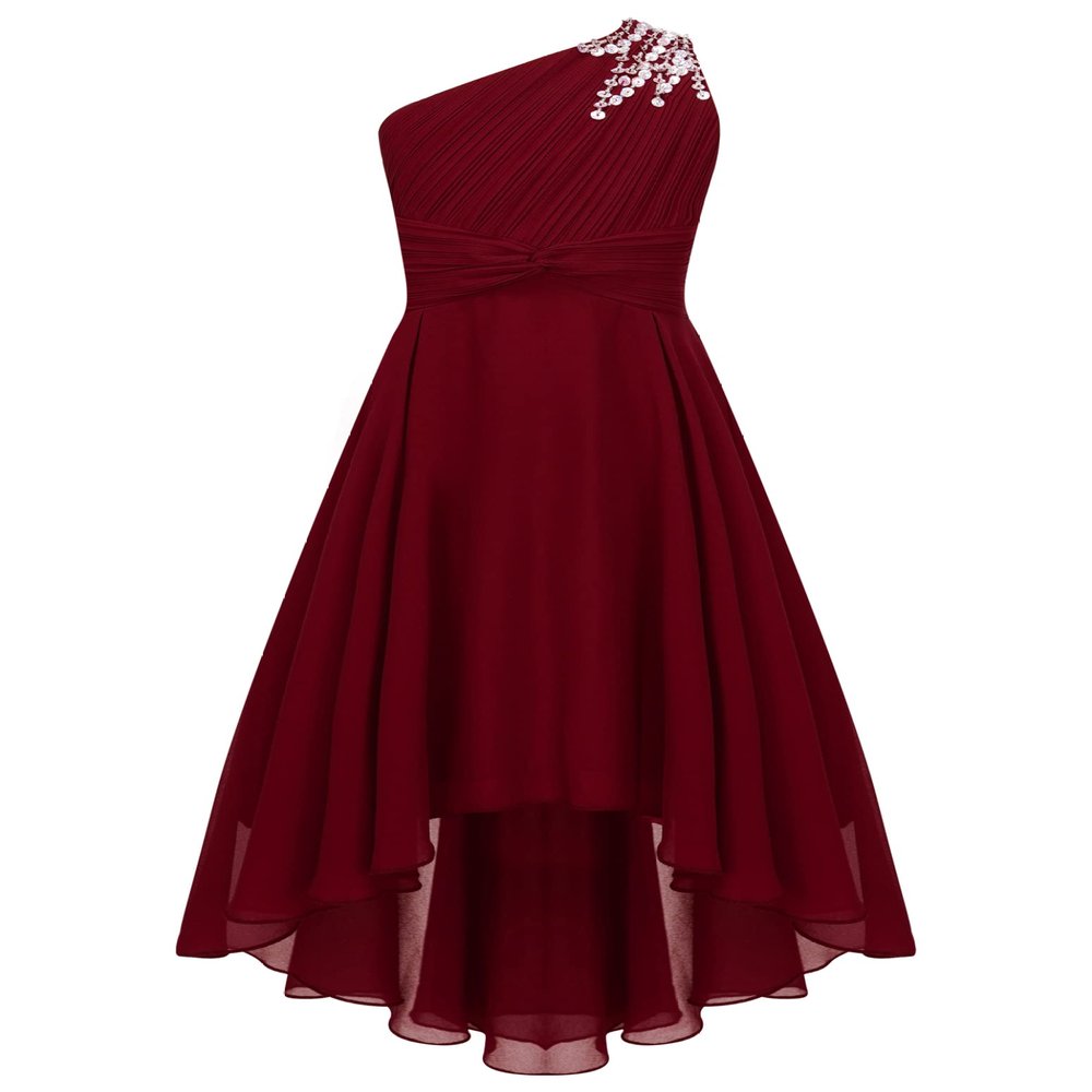 Duoremi Kids Girls One-Shoulder Flower Dress High Low Hem Ball Gown Wedding Evening Dresses 01 Burgundy 10 Years