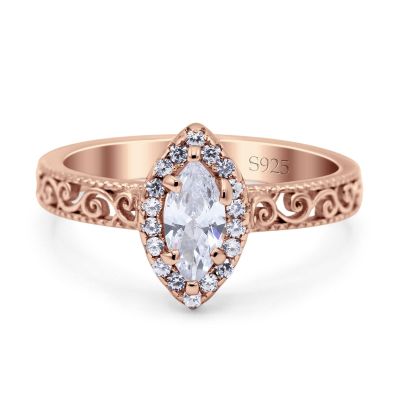 OMRANII Rose Tone, Simulated Cubic Zirconia Size-9 Halo Art Deco Bridal Wedding Engagement Ring Marquise Round CZ 925 Sterling Silver