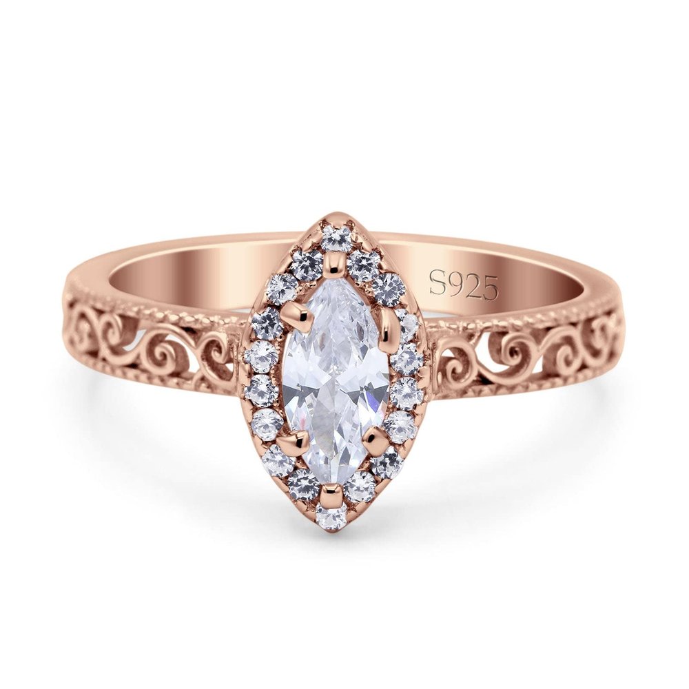 OMRANII Rose Tone, Simulated Cubic Zirconia Size-9 Halo Art Deco Bridal Wedding Engagement Ring Marquise Round CZ 925 Sterling Silver