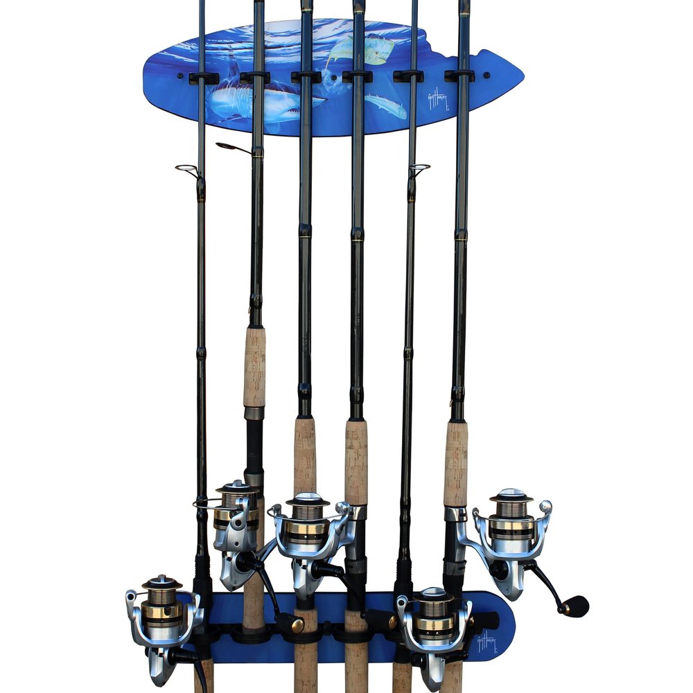 Rush Creek Creations | Guy Harvey Ceiling-Mounted Fishing Rod Holder for 6 Fishing Poles, Fishing Gear and Fishing Accessories | Perfect for Garage Organization and Vertical or Horizontal Wall Storage