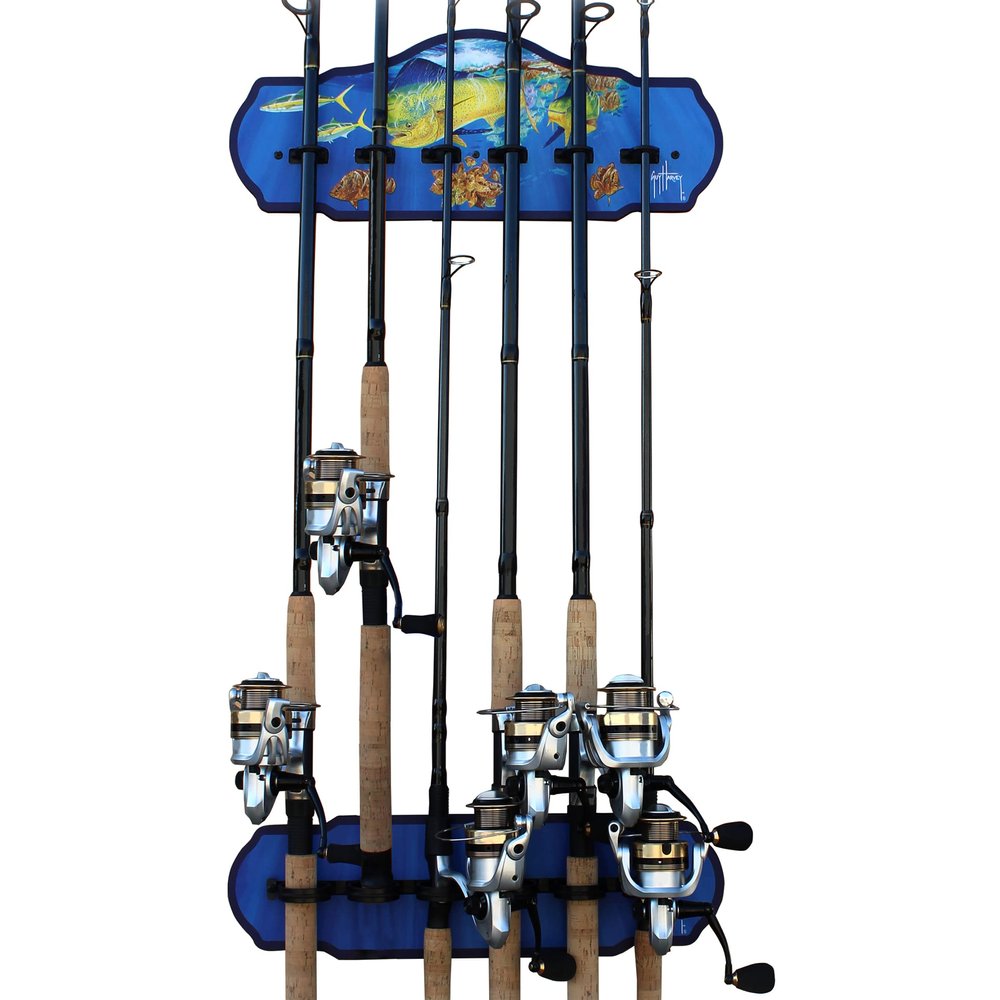 Rush Creek Creations Guy Harvey Mahi Fishing Wall Storage Rack 6 Rod Holder - Durable Multi-Colored Rod Rack, Large