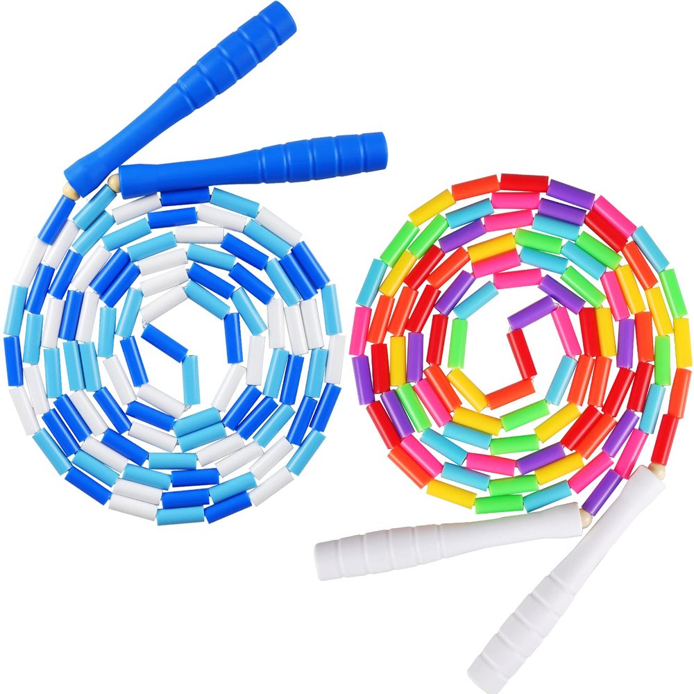 Fezog 2 Pack Rainbow Beaded Kids Jump Rope, Segmented Skipping Rope for Kids Adults, Tangle-Free Rope Skipping Child Jump Rope for Fitness Exercise Training (Blue+Rainbow/9FT)
