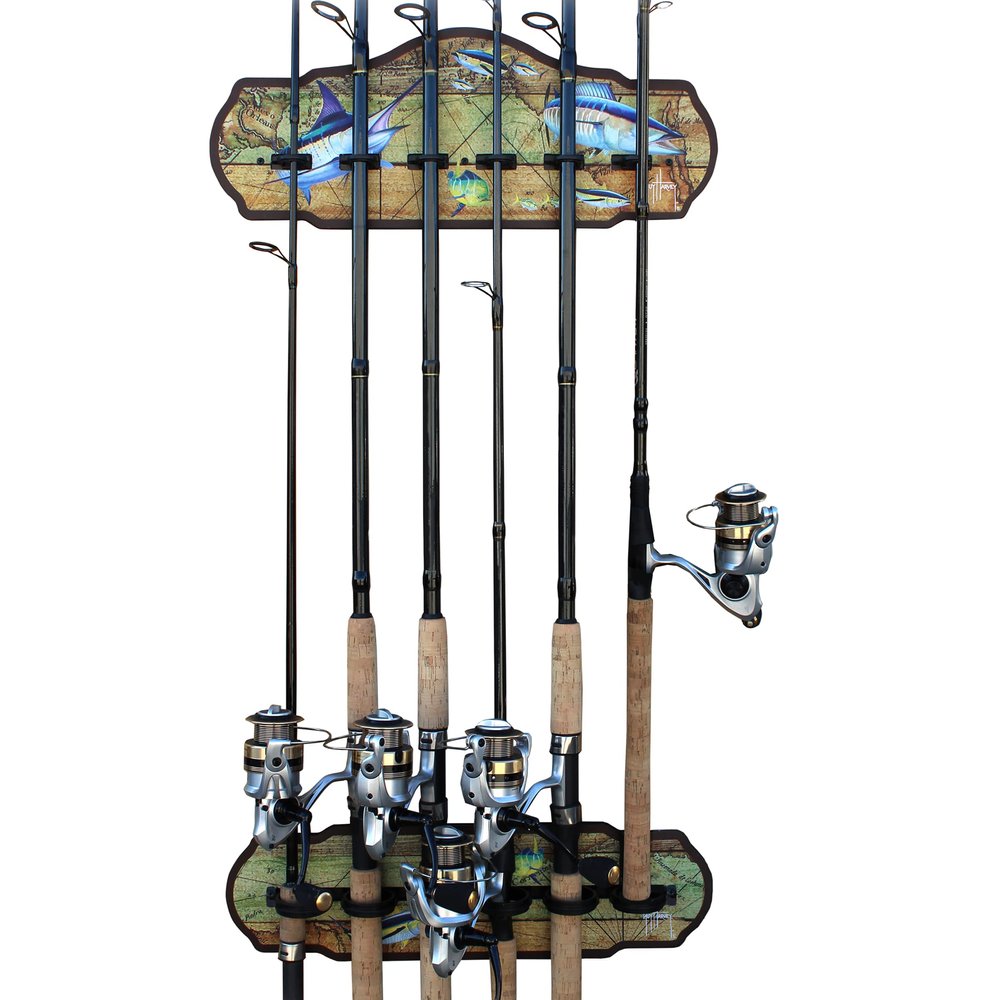 Rush Creek Creations Guy Harvey Durable Ancient World Map Fishing Wall Storage Rack 6 Rod Holder, Multi Color, Large