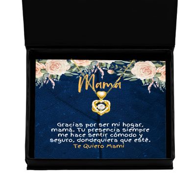 Pendiente para mami | Gracias por ser mi hogar. Tu presencia siempre me hace sentir comodo - Collar para madres nudo de corazon de color oro