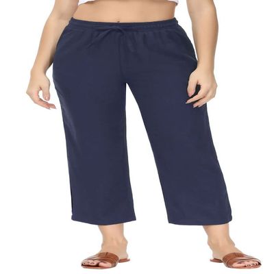 Soojun Women's Linen Blend Drawstring Wide Leg Cropped Pant, Navy, XX-Large