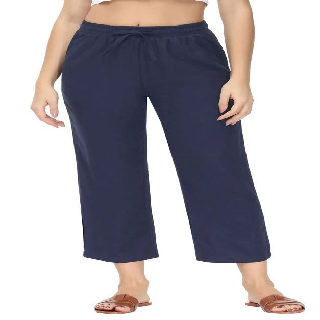 Soojun Women's Linen Blend Drawstring Wide Leg Cropped Pant, Navy, XX-Large
