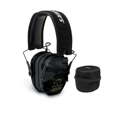 Walker's Game Ear Razor Slim Electronic Lightweight Shooting Hunting Range Hearing Protection Muffs (Multicam Gray Camo) Bundle with Protection Case (2 Items)
