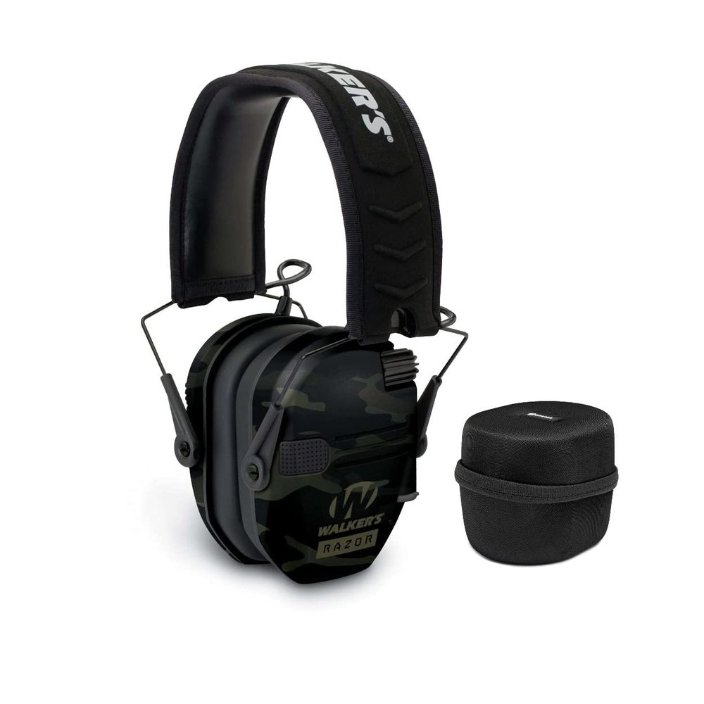 Walker's Game Ear Razor Slim Electronic Lightweight Shooting Hunting Range Hearing Protection Muffs (Multicam Gray Camo) Bundle with Protection Case (2 Items)