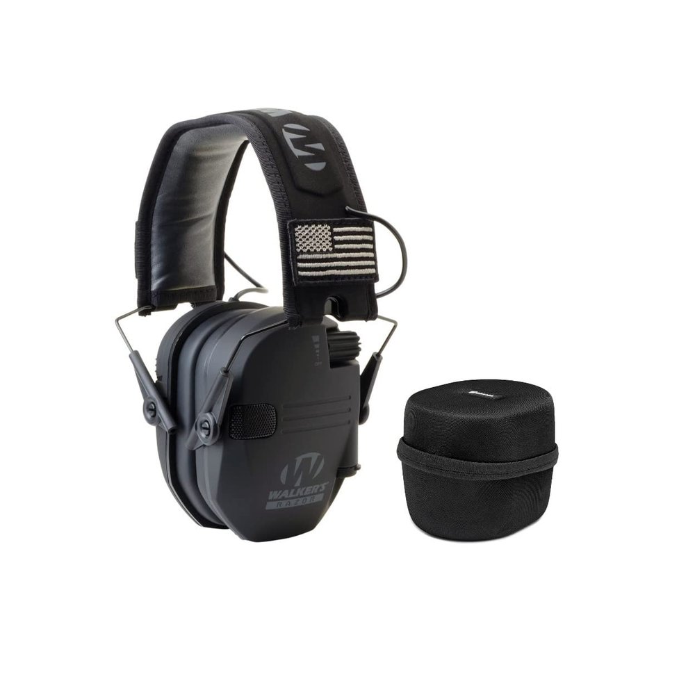 Walkers Game Ear Razor Slim Electronic Lightweight Shooting Hunting Range Hearing Protection Muffs (Black Patriot Version) Bundle with Protection Case (2 Items)