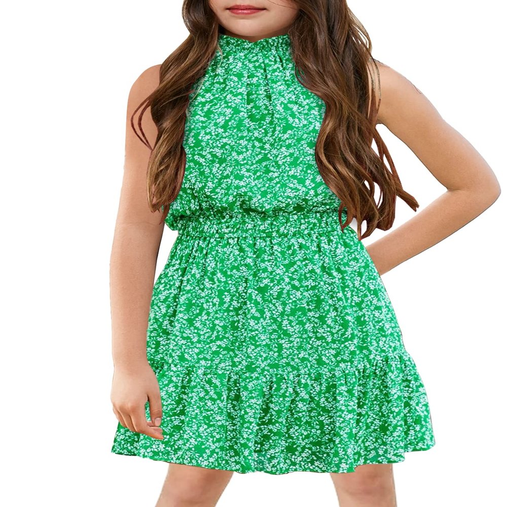KunLunMen Floral Girls Big Kid Dresses Age 5-14 Years Kids Summer Outfits Casual Halter Sleeveless Cute Short Sun Dresses