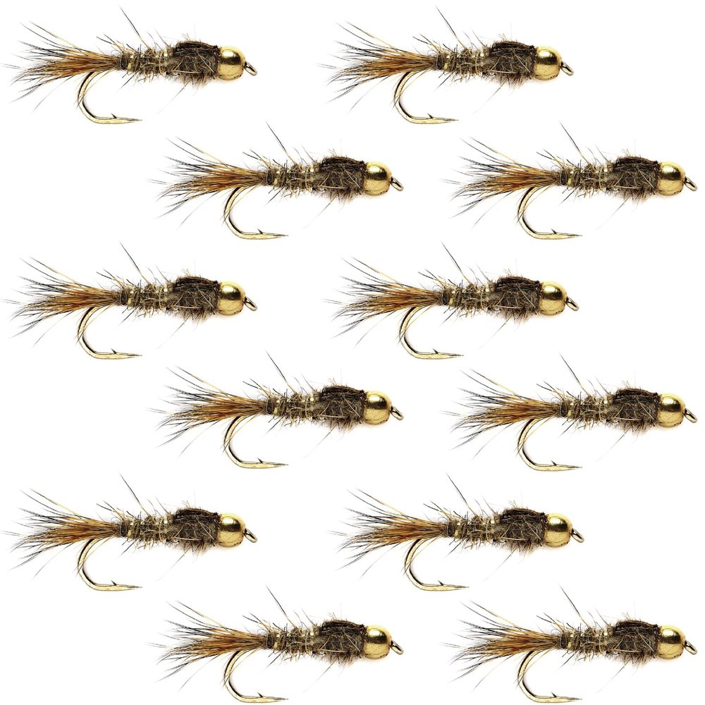 The Fly Fishing Place Tungsten Bead Head Gold Ribbed Hare's Ear Nymph Fly Fishing Flies - Set of 12 Flies Hook Size 18 - One Dozen