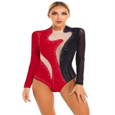 FEESHOW Women Ballet Dance Leotard Rhinestone Gymnastics Leotard Long Sleeve Turtleneck Bodysuit Tops Dancewear Costume Red Small