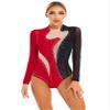 FEESHOW Women Ballet Dance Leotard Rhinestone Gymnastics Leotard Long Sleeve Turtleneck Bodysuit Tops Dancewear Costume Red Small view 1