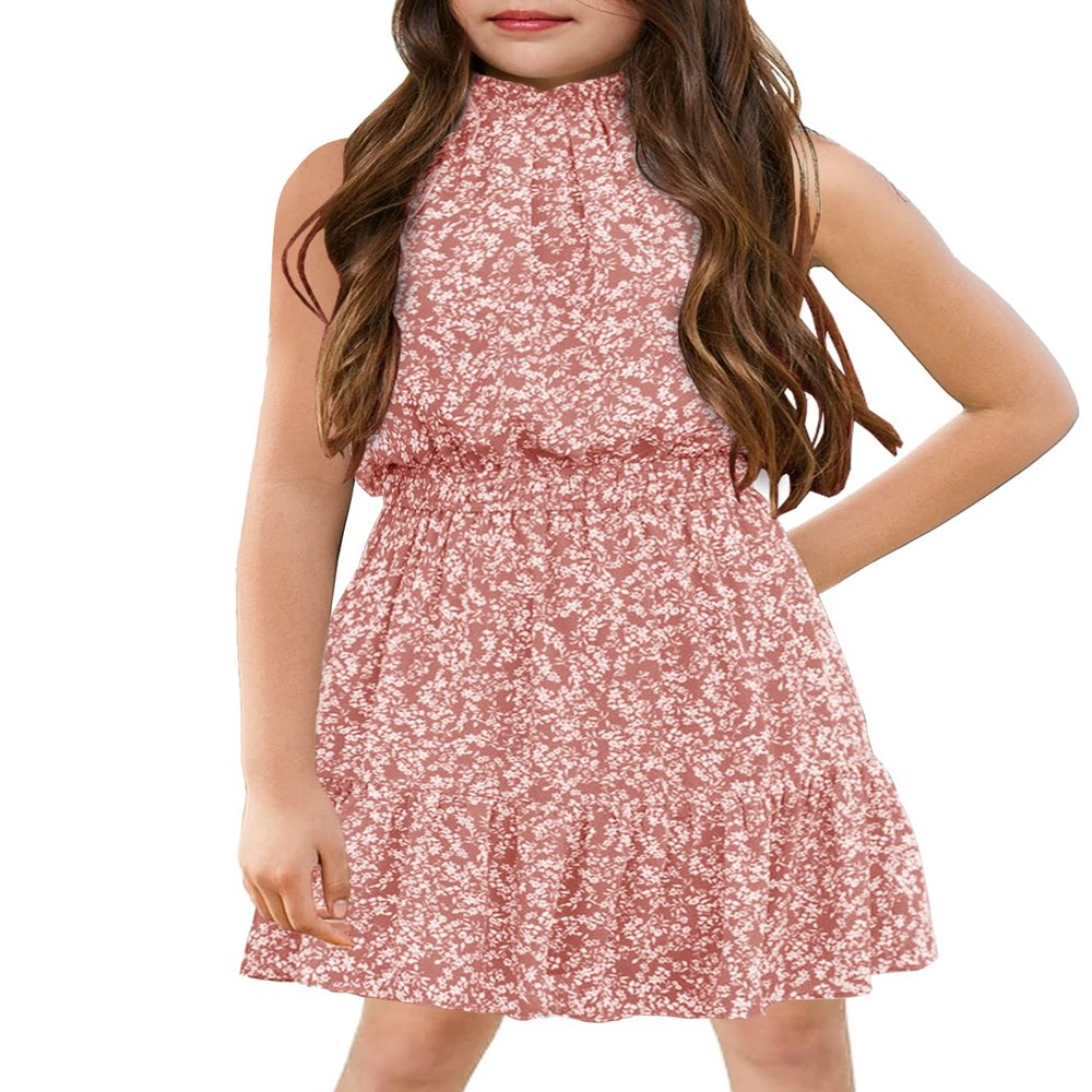 KunLunMen Floral Girls Dresses Age 5-14 Years Kids Summer Outfits Casual Halter Sleeveless Cute Short Sun Dresses