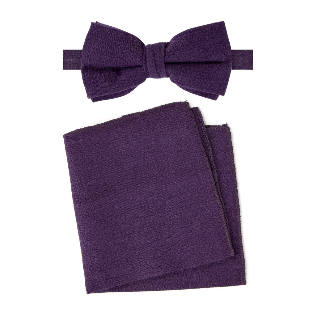 Spring Notion Men's Linen Blend Bow Tie and Pocket Square Handkerchief Hanky Set Plum