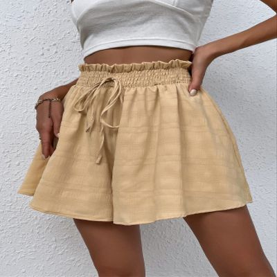 ABZEKH Shorts for Women Shorts Women's Shorts Paperbag Waist Knot Front Wide Leg Shorts Shorts (Color : Apricot, Size : Medium)