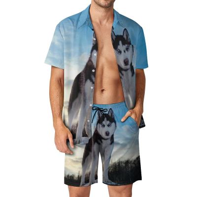 Siberian Huskies Men's Hawaiian Set Shirt and Swim Trunks Short Sleeve 2 Piece Funny Suit