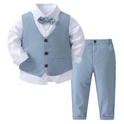 RUNQHUI 4 Piece Gentleman Suit Bow Tie Long Sleeve Dress Shirt + Vest + Pants Set Boys Clothing Set Light Blue 3-4 Years
