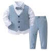 RUNQHUI 4 Piece Gentleman Suit Bow Tie Long Sleeve Dress Shirt + Vest + Pants Set Boys Clothing Set Light Blue 3-4 Years view 1