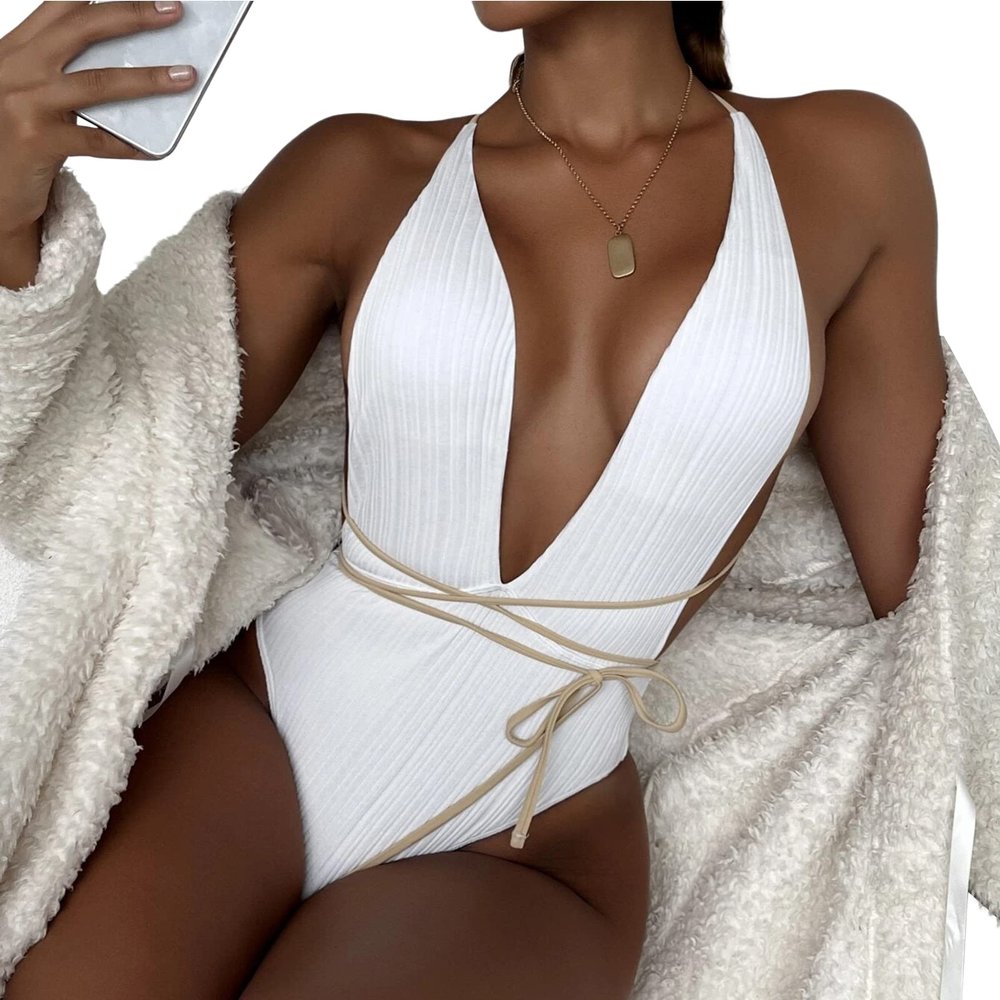 Altsuceser Womens One Piece Swimsuit Sexy Deep V Halter Neck Monokini Bathing Suits White M