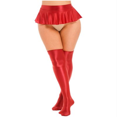 ACSUSS Womens Glossy Ruffled Skirt Low Waist Miniskirt Nightwear & Thigh High Stockings Burgundy X-Large