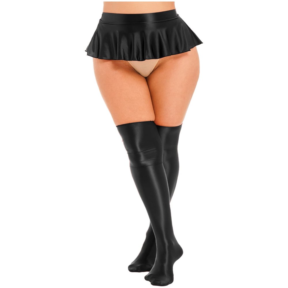 ACSUSS Womens Glossy Ruffled Skirt Low Waist Miniskirt Nightwear & Thigh High Stockings Black Large